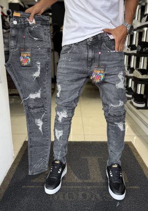 Calça City denim Bordada rasgada